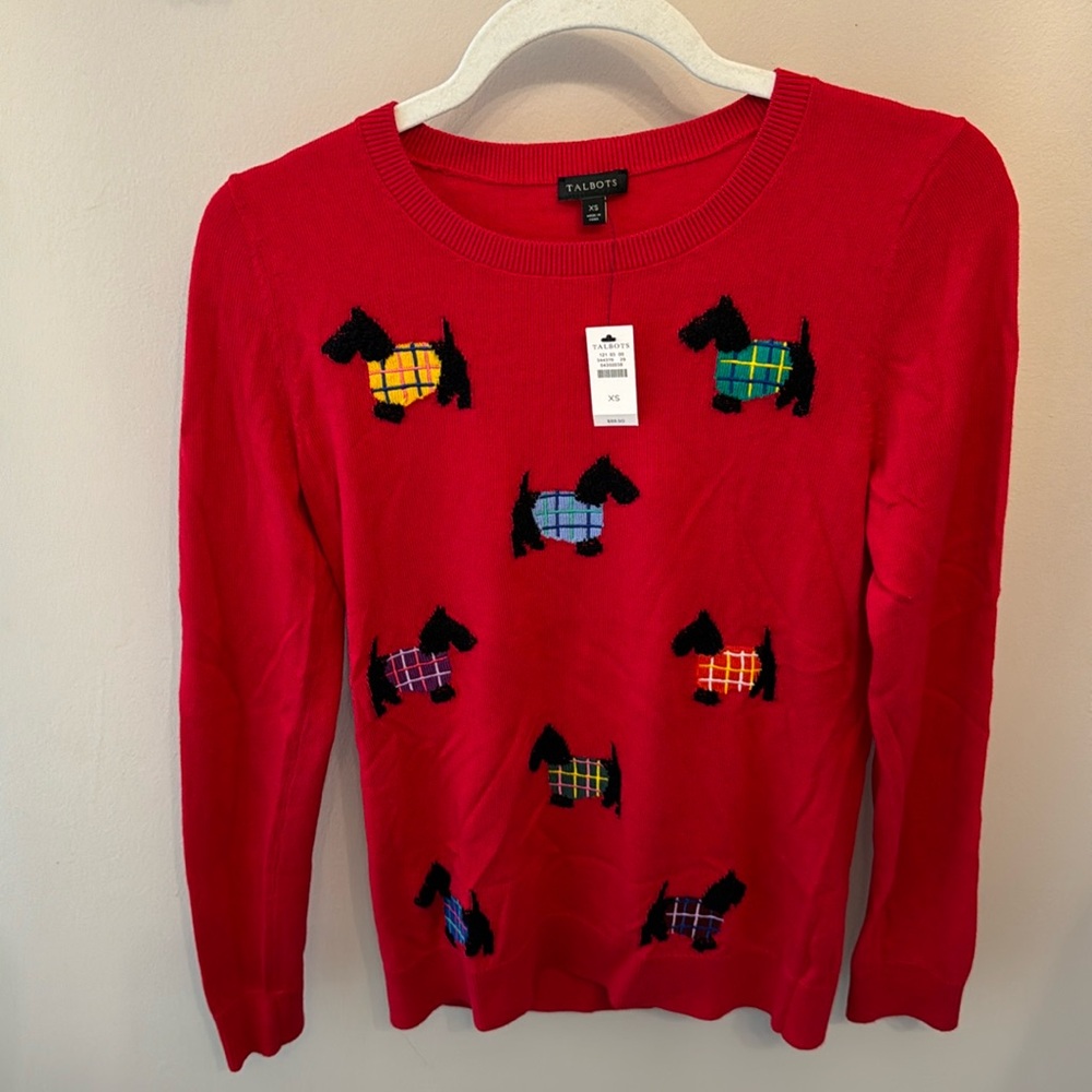 NWT Talbots Scotties Knit Sweater Multi Colors Red Long Sleeve Crew Neck XS